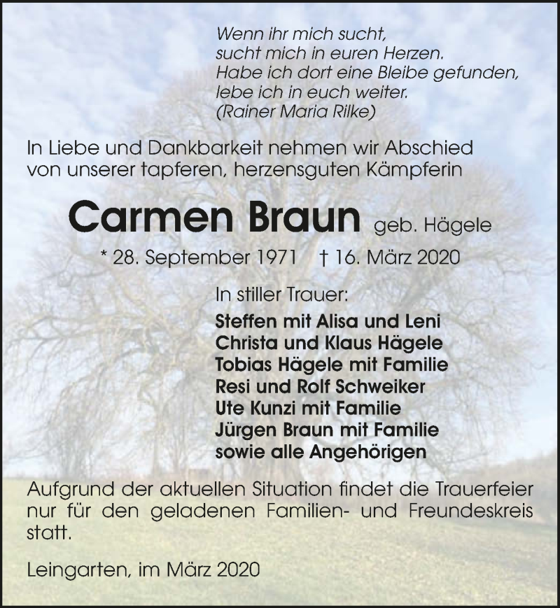  Traueranzeige für Carmen Braun vom 18.03.2020 aus 