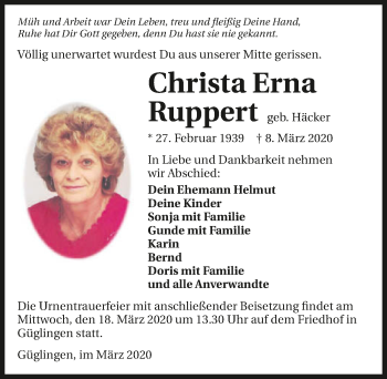 Traueranzeige von Christa Erna Ruppert 