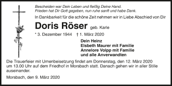 Traueranzeige von Doris Röser 
