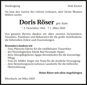 Traueranzeige von Doris Röser 