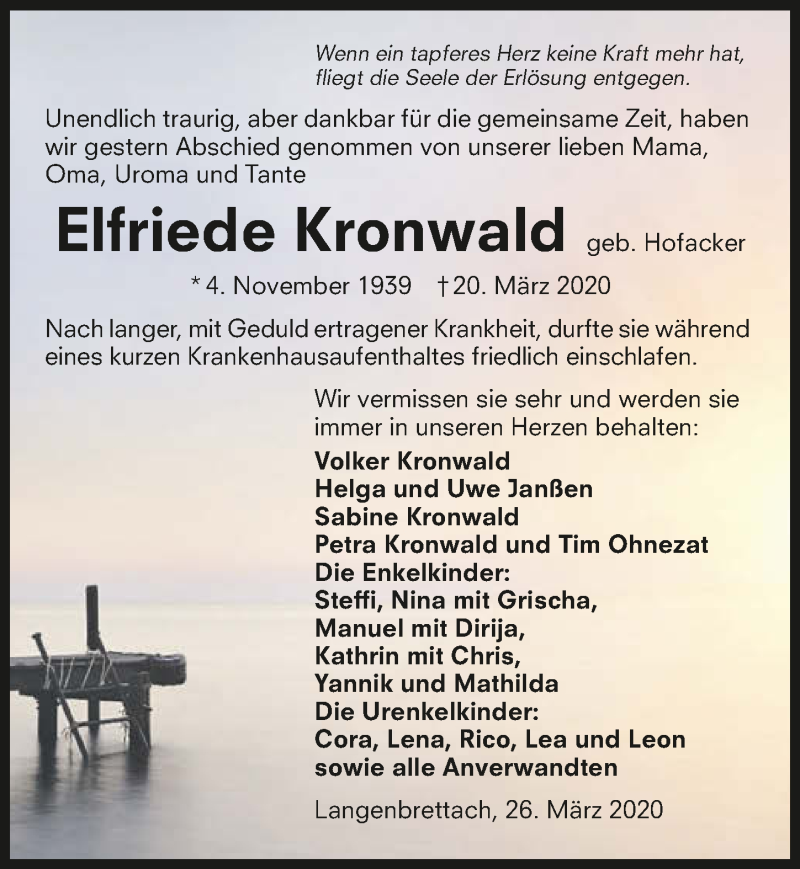  Traueranzeige für Elfriede Kronwald vom 26.03.2020 aus 
