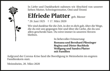 Traueranzeige von Elfriede Platter 
