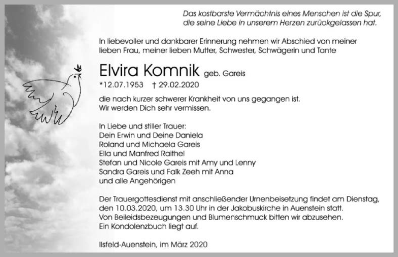  Traueranzeige für Elvira Komnik vom 07.03.2020 aus 