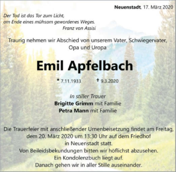 Traueranzeige von Emil Apfelbach 