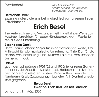 Traueranzeige von Erich Besel 