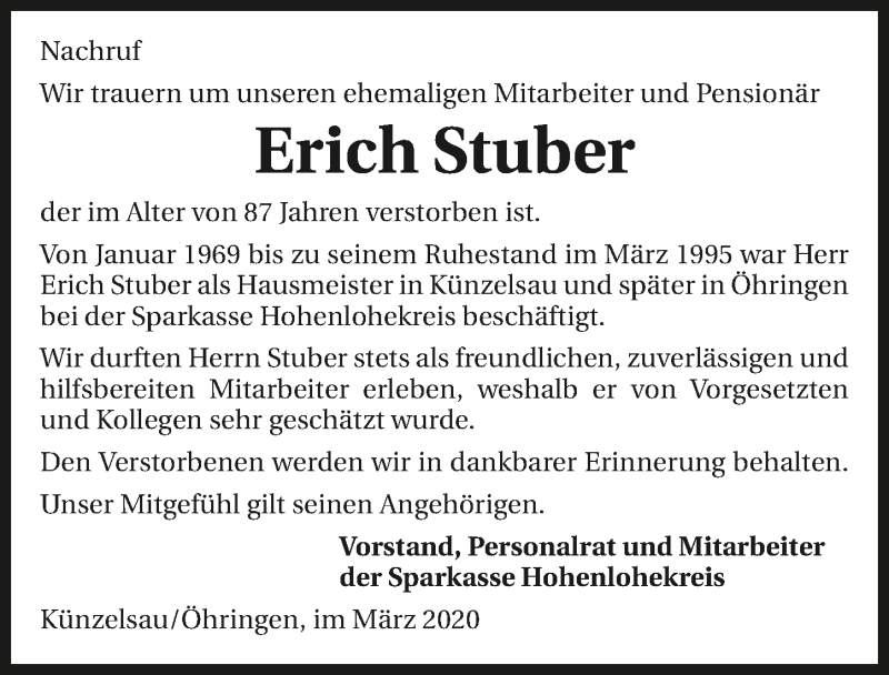  Traueranzeige für Erich Stuber vom 14.03.2020 aus 
