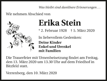 Traueranzeige von Erika Stein 