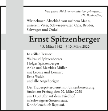 Traueranzeige von Ernst Spitzenberger 