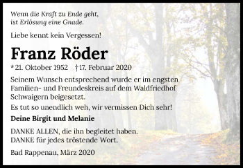 Traueranzeige von Franz Röder 