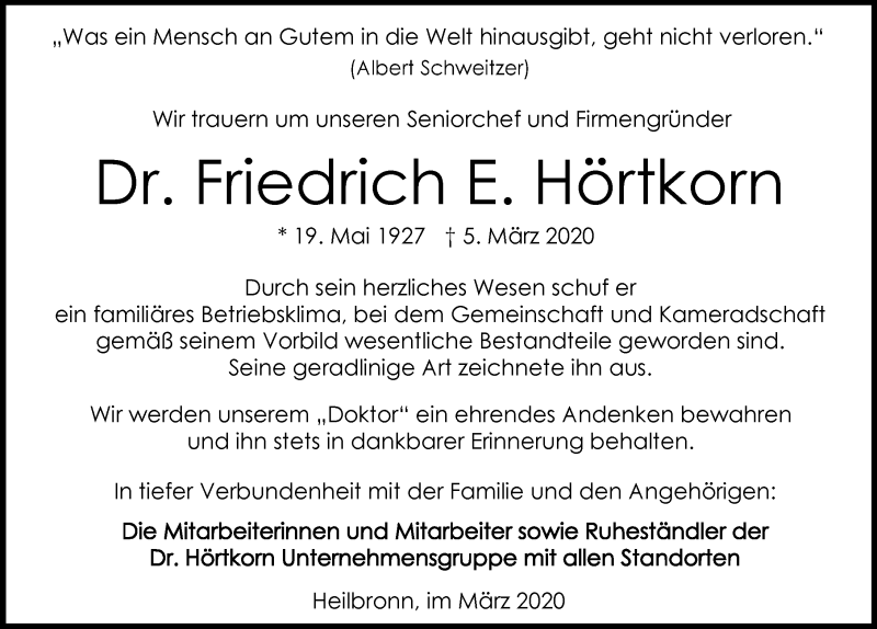  Traueranzeige für Friedrich Hörtkorn vom 14.03.2020 aus 
