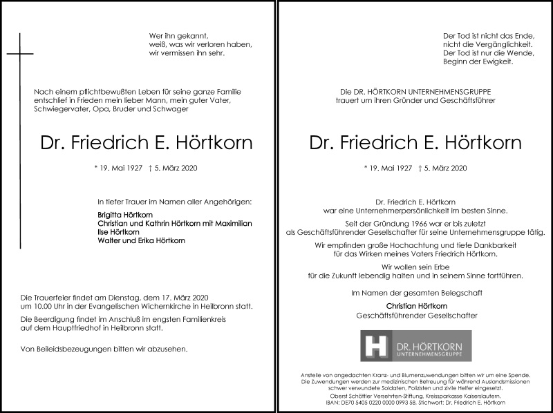  Traueranzeige für Friedrich Hörtkorn vom 14.03.2020 aus 