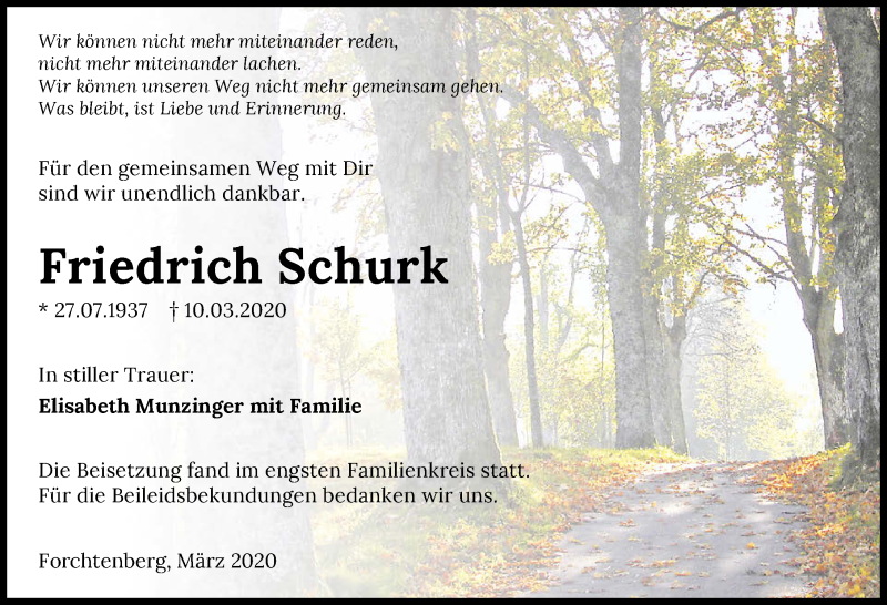  Traueranzeige für Friedrich Schurk vom 28.03.2020 aus 