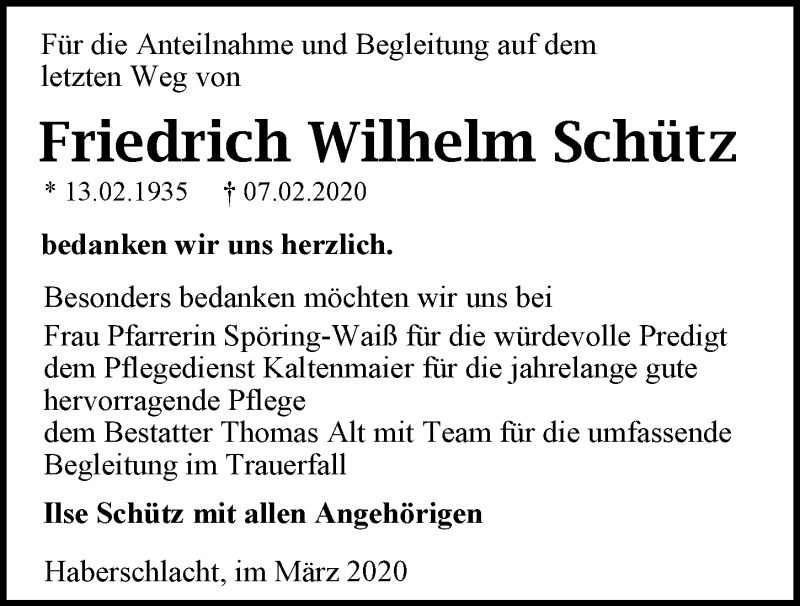  Traueranzeige für Friedrich Wilhelm Schütz vom 04.03.2020 aus 