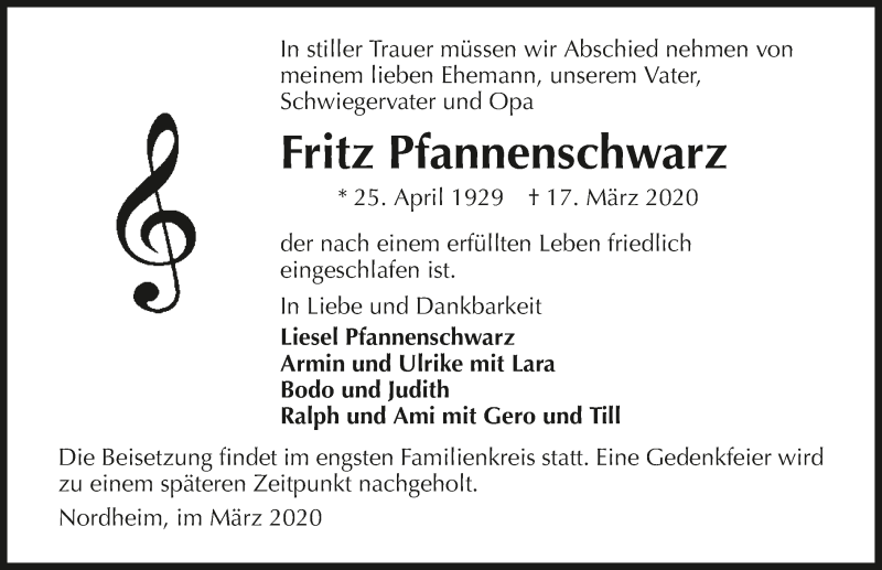  Traueranzeige für Fritz Pfannenschwarz vom 21.03.2020 aus 
