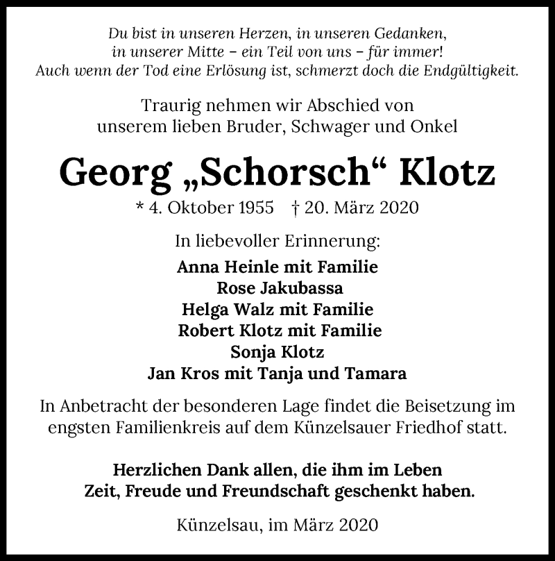  Traueranzeige für Georg Klotz vom 26.03.2020 aus 