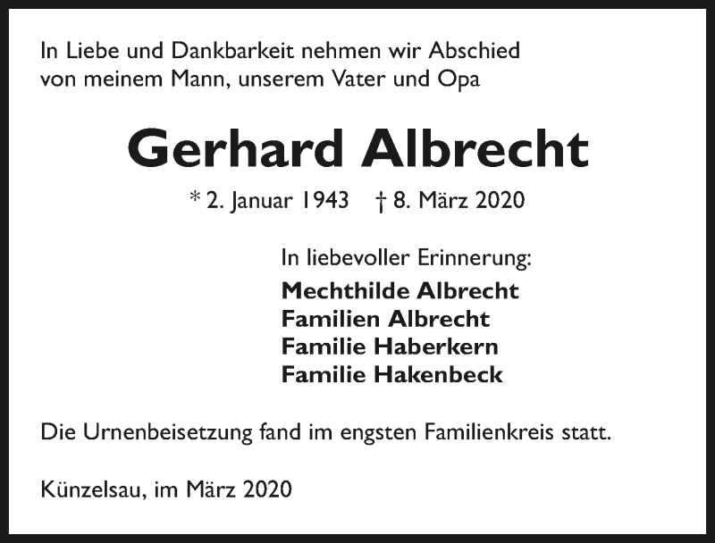  Traueranzeige für Gerhard Albrecht vom 24.03.2020 aus 
