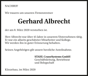 Traueranzeige von Gerhard Albrecht 