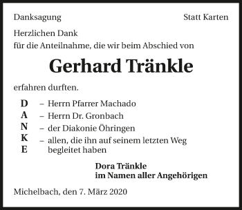 Traueranzeige von Gerhard Tränkle 