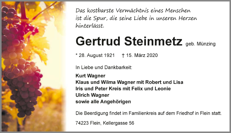  Traueranzeige für Gertrud Steinmetz vom 17.03.2020 aus 
