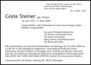 Traueranzeige von Grete Steiner 