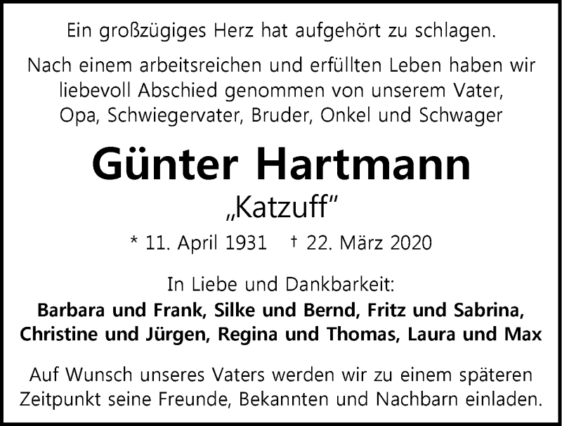  Traueranzeige für Günter Hartmann vom 28.03.2020 aus 