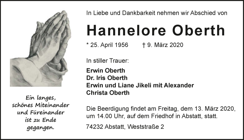  Traueranzeige für Hannelore Oberth vom 11.03.2020 aus 