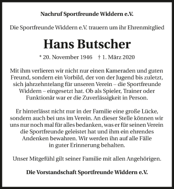 Traueranzeige von Hans Butscher 
