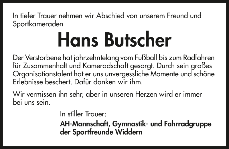  Traueranzeige für Hans Butscher vom 04.03.2020 aus 