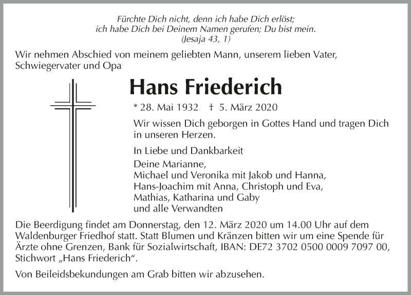  Traueranzeige für Hans Friederich vom 10.03.2020 aus 