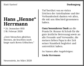 Traueranzeige von Hans Herrmann 