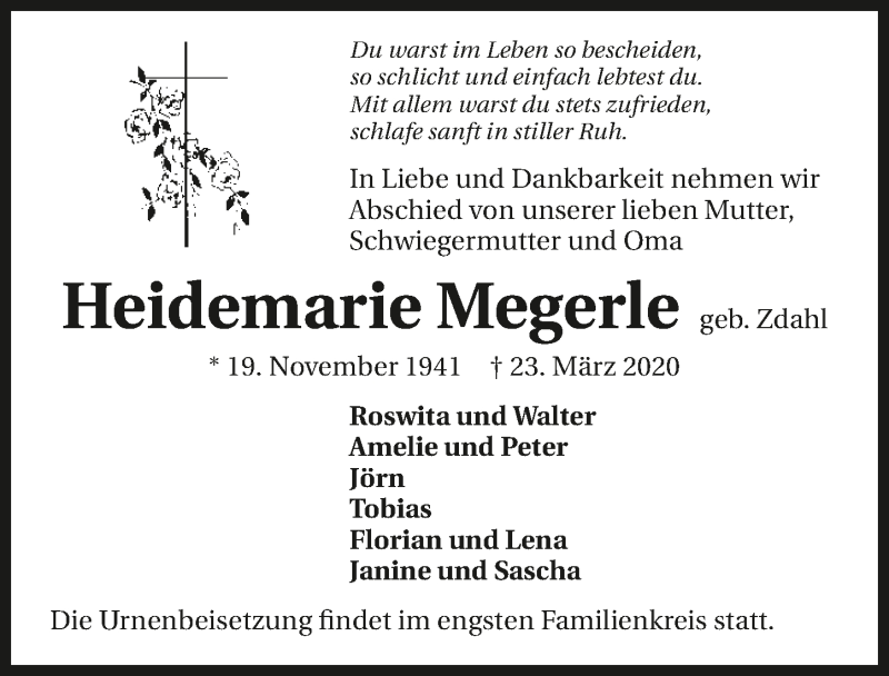 Traueranzeige für Heidemarie Megerle vom 27.03.2020 aus 