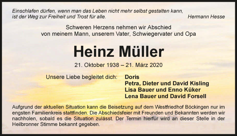  Traueranzeige für Heinz Müller vom 28.03.2020 aus 