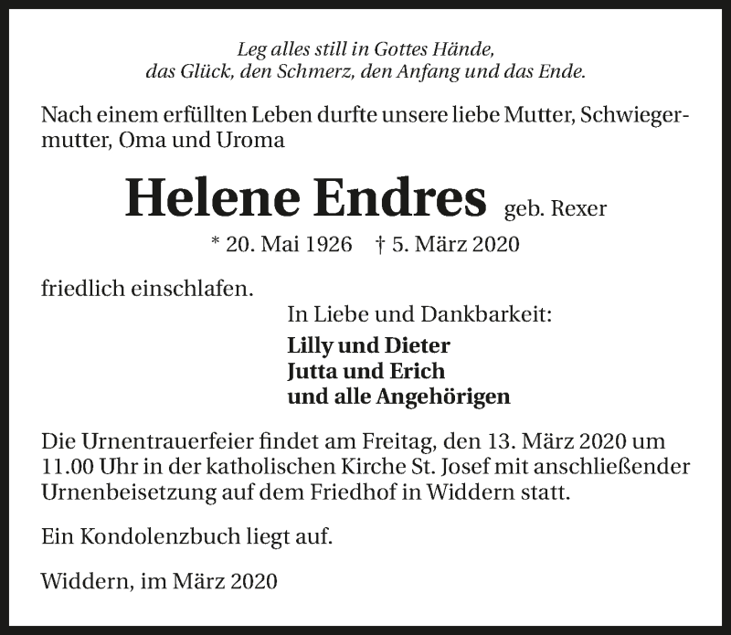  Traueranzeige für Helene Endres vom 10.03.2020 aus 