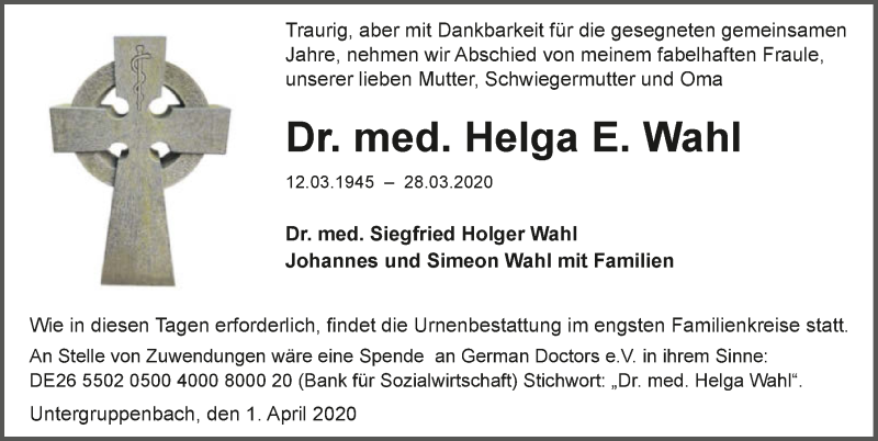  Traueranzeige für Dr. Helga Wahl vom 01.04.2020 aus 