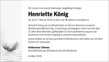 Traueranzeige von Henriette König 