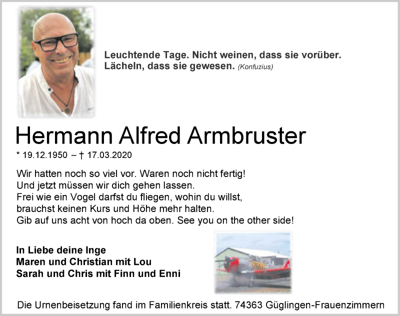  Traueranzeige für Hermann Alfred Armbruster vom 28.03.2020 aus 