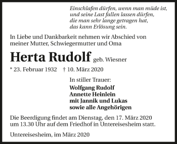 Traueranzeige von Herta Rudolf 