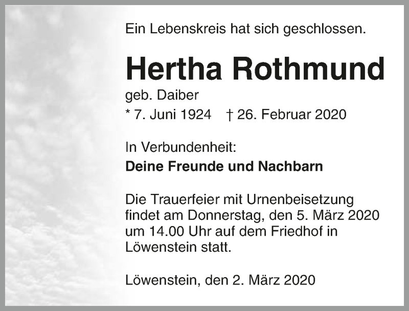  Traueranzeige für Hertha Rothmund vom 02.03.2020 aus 