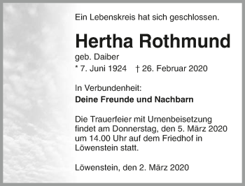 Traueranzeige von Hertha Rothmund 