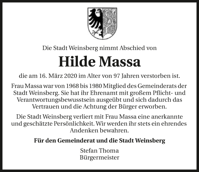  Traueranzeige für Hilde Massa vom 19.03.2020 aus 