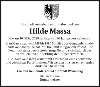 Traueranzeige von Hilde Massa 