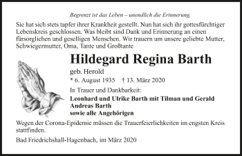 Traueranzeige von Hildegard Regina Barth 