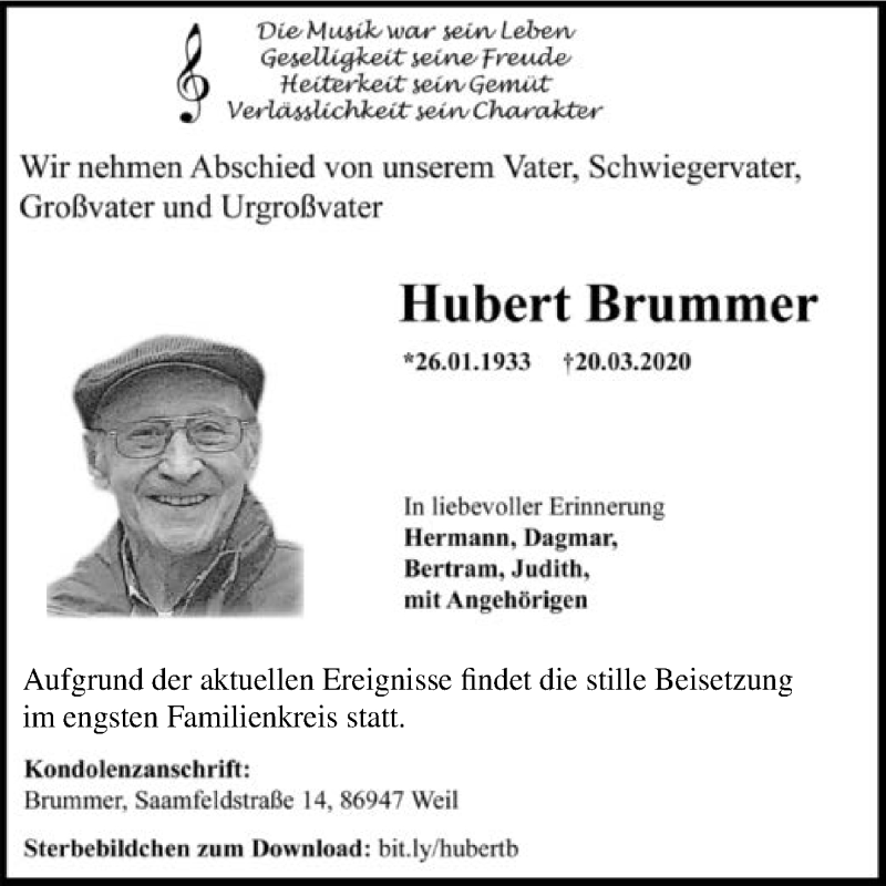  Traueranzeige für Hubert Brummer vom 28.03.2020 aus 