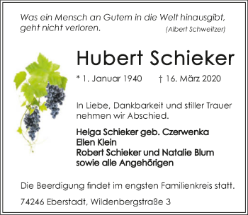 Traueranzeige von Hubert Schieker 