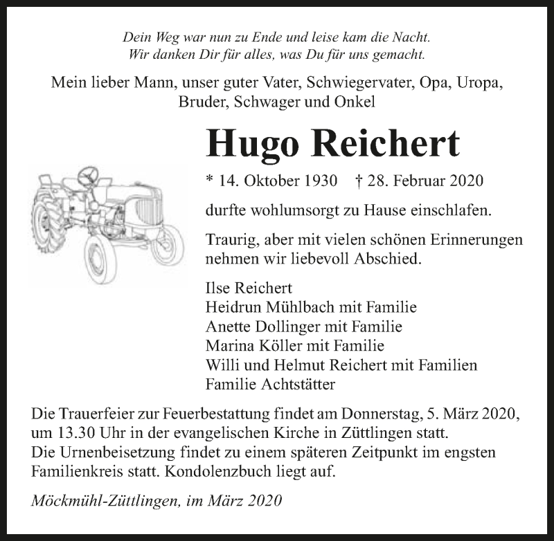  Traueranzeige für Hugo Reichert vom 03.03.2020 aus 