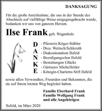 Traueranzeige von Ilse Frank 