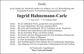 Traueranzeige von Ingrid Hahnemann-Carle 