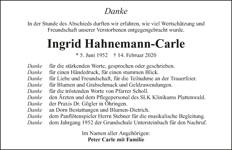  Traueranzeige für Ingrid Hahnemann-Carle vom 06.03.2020 aus 