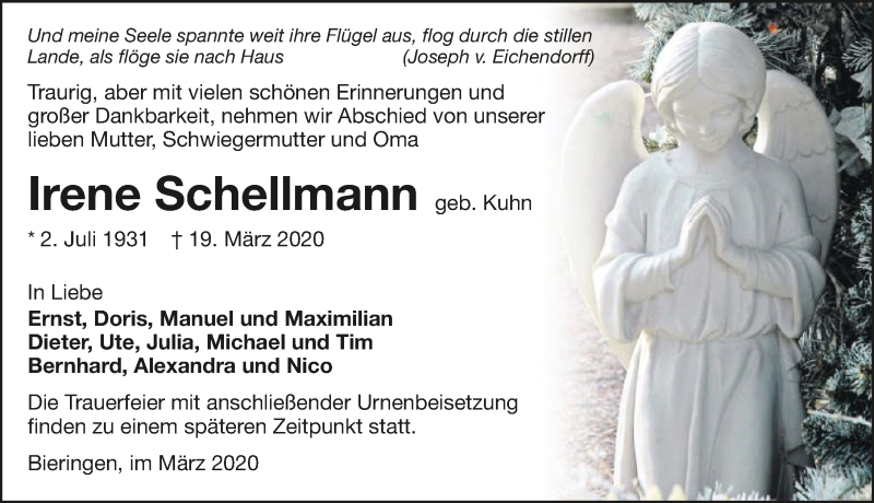  Traueranzeige für Irene Schellmann vom 26.03.2020 aus 