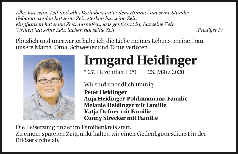  Traueranzeige für Irmgard Heidinger vom 28.03.2020 aus 